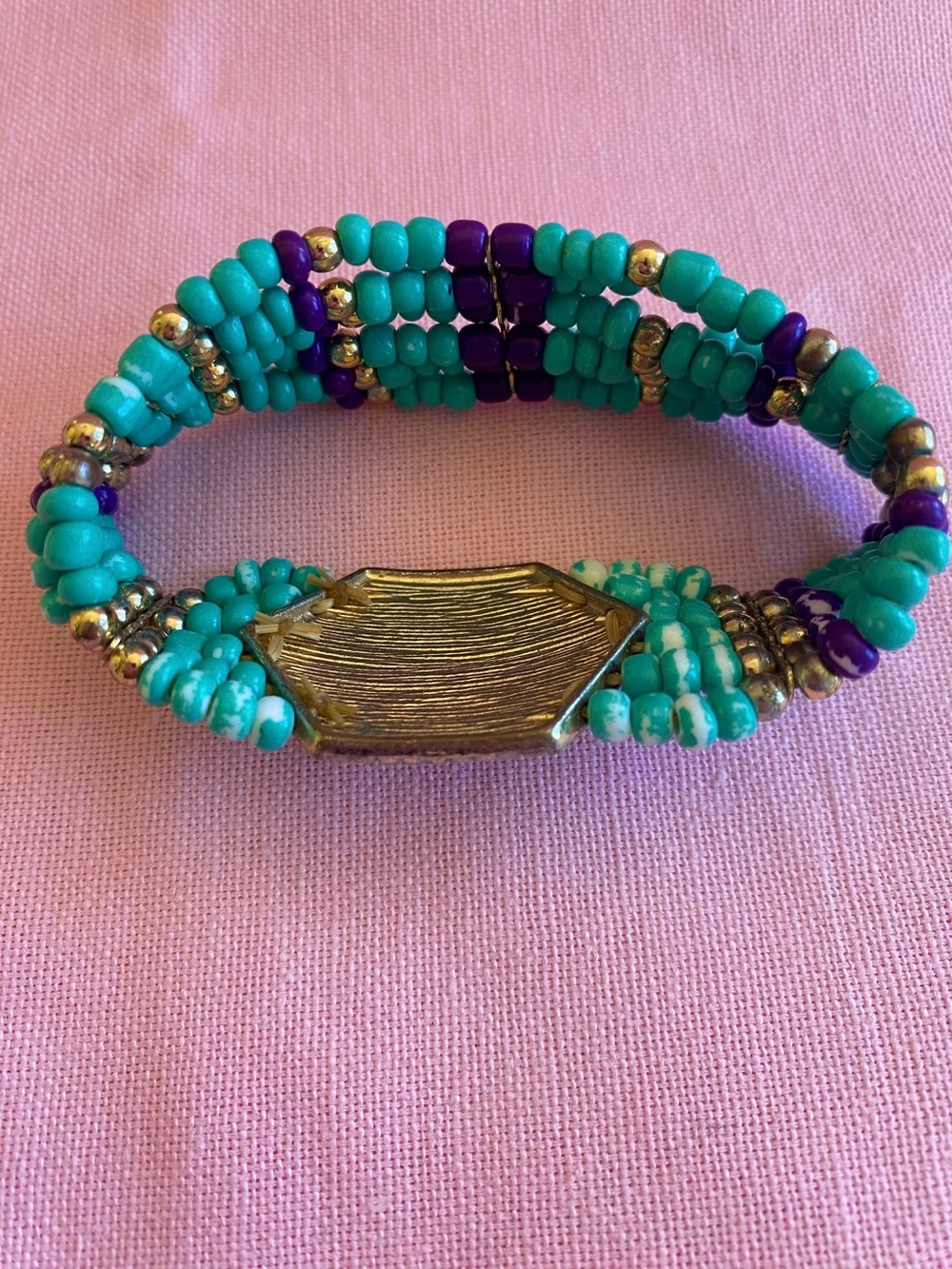 Turquoise Bracelet Beaded Stretchy Purple Gold Metal Octagon Navy Blue Green Gem - Picture 6 of 8